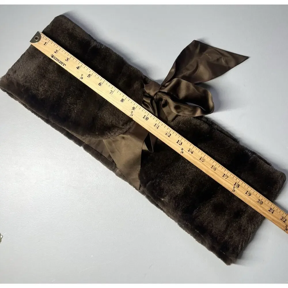 Faux Fur Stole Shawl Wrap in Brown with Satin Ribbon Tie Closure Old Money Luxe